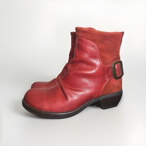 FLY LONDON Mel‎ Red Ankle Leather Boots Buckle Colorful Women US 7 / EU 37